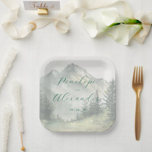 Serene Muted Green Watercolor Mountains Paper Plate