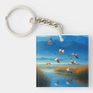 Serene Nature Lake Scene with Flying Crane Keychain