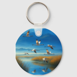 Serene Nature Lake Scene with Flying Crane Keychain