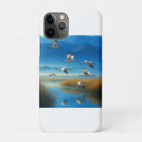 Serene Nature Lake Scene with Flying cranes