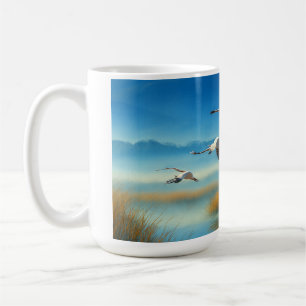 Serene Nature Lake Scene with Flying cranes Coffee Mug