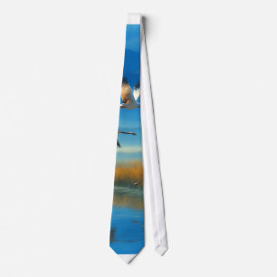 Serene Nature Lake Scene with Flying cranes Tie