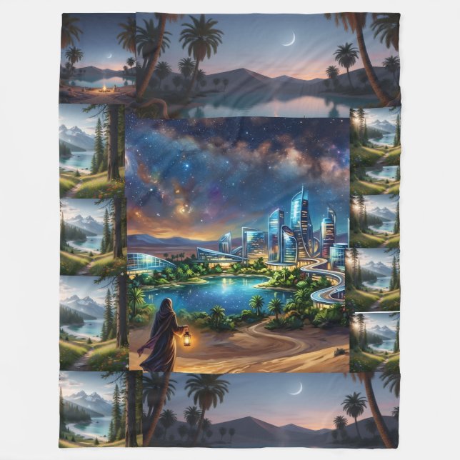 Serene Nature to Futuristic Desert Oasis Fleece Blanket (Front)