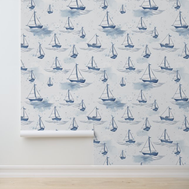 Serene Navy Blue Sailing Boats Pattern Wallpaper (Application)