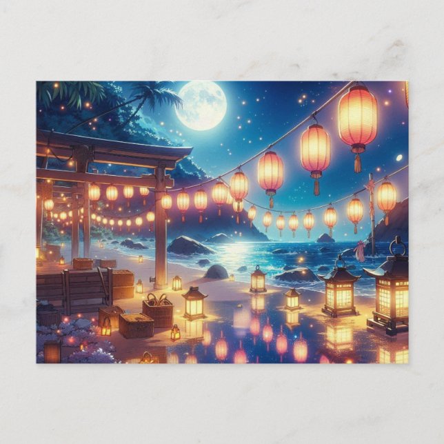 Serene Night Festival by the Sea Painting Postcard (Front)