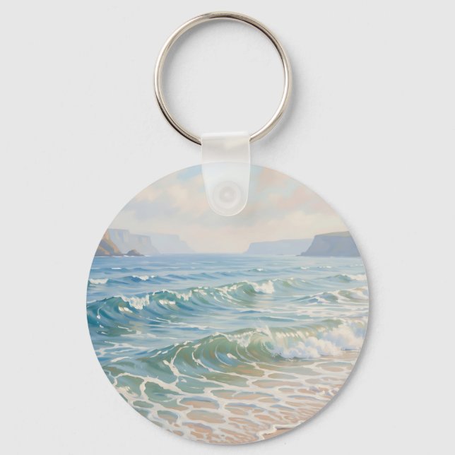 Serene Ocean Waves Crashing Sandy Beach Coastal  Keychain (Front)