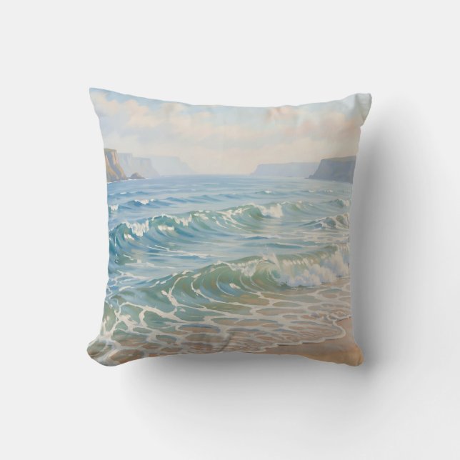 Serene Ocean Waves Crashing Sandy Beach Coastal  Throw Pillow (Front)