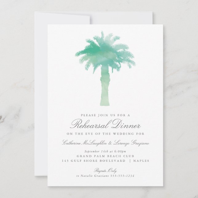 Serene Palm Tree Watercolor  | Wedding Rehearsal Invitation (Front)