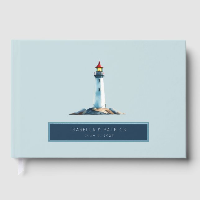 Serene Pastel Blue Lighthouse Illustration Guest Book (Front)