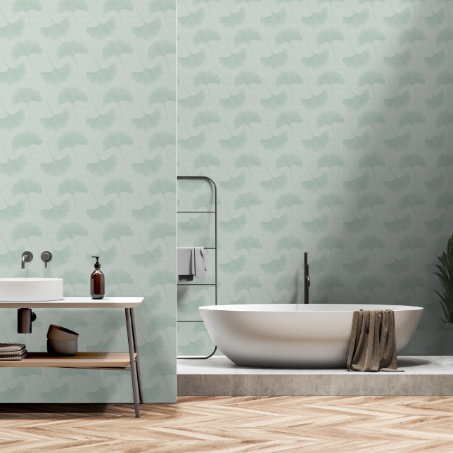 Serene Pastel Green & Mint Textured Gingko Leaves Wallpaper (Bathroom)