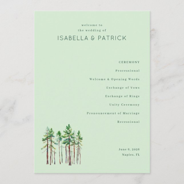 Serene Pastel Green Pine Trees Program (Front)