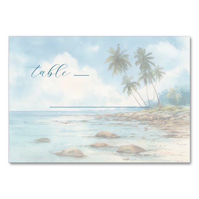 Serene Pastel Watercolor Beach Scene Table Number (Front)