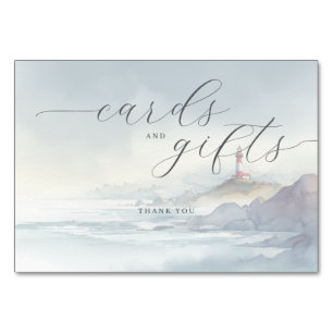 Serene Pastel Watercolor Lighthouse Scene Table Number