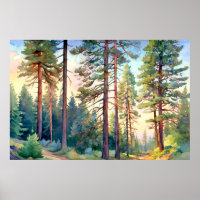 Serene Pine Forest Watercolor Art Print 