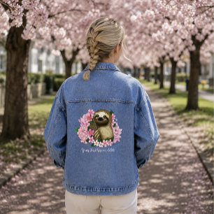 Serene Pink Lighthearted Sloth Floral Denim Jacket