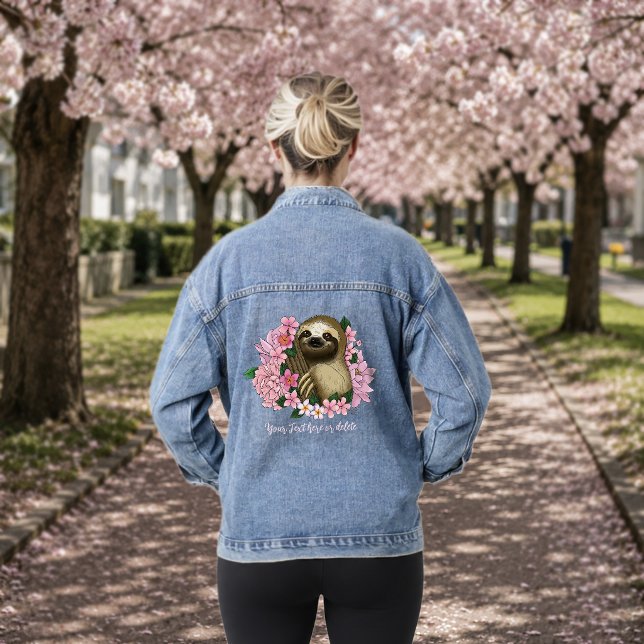 Serene Pink Lighthearted Sloth Floral Denim Jacket (Creator Uploaded)