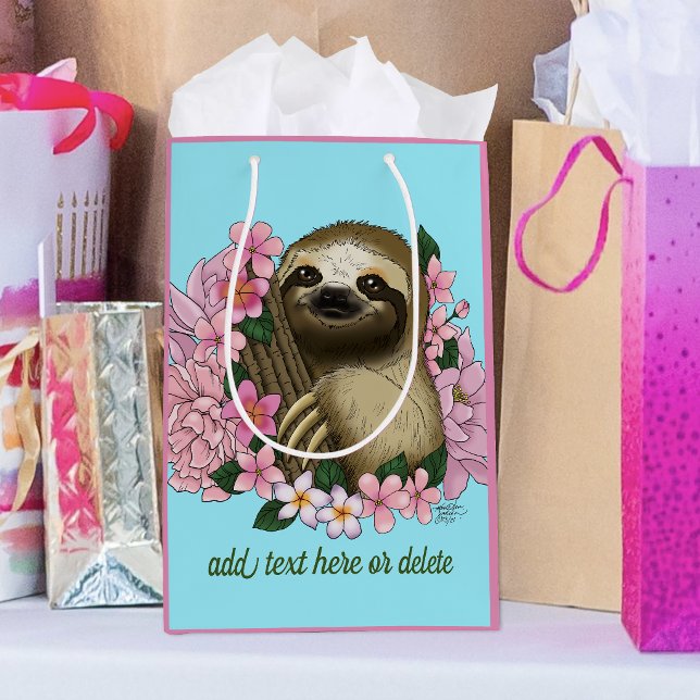 Serene Pink Lighthearted Sloth Floral Medium Gift Bag (Creator Uploaded)
