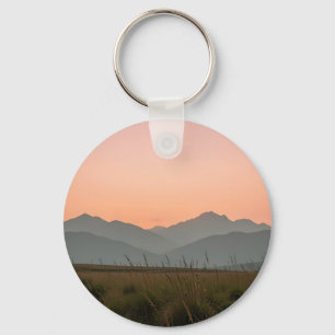 Serene Pink Sunset Mountains Wild Grass Landscape Keychain
