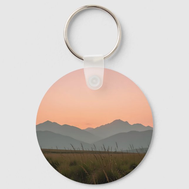 Serene Pink Sunset Mountains Wild Grass Landscape  Keychain (Front)