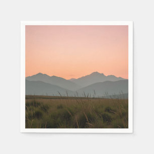 Serene Pink Sunset Mountains Wild Grass Landscape Napkin