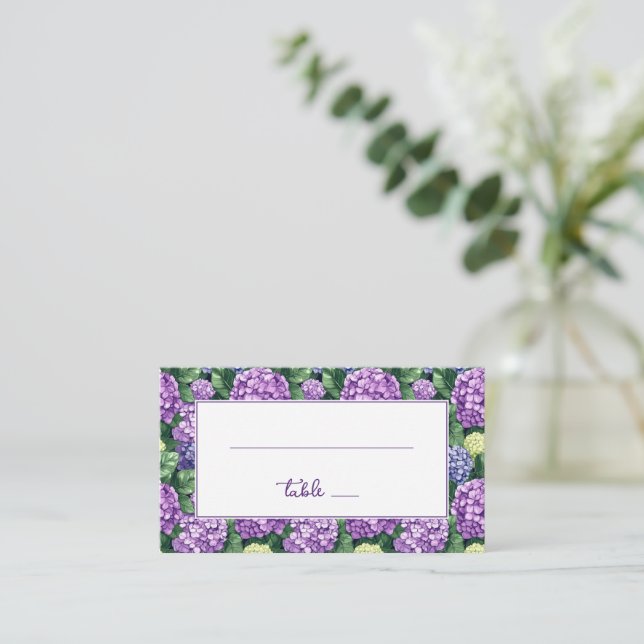 Serene Purple Floral Hydrangea Border Place Card (Standing Front)