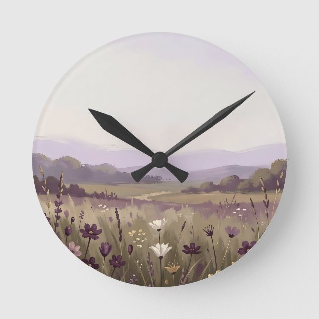 Serene Purple Wildflower Meadow Rolling Hills  Round Clock (Front)