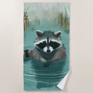 Serene Raccoon in Tranquil Waters Beach Towel