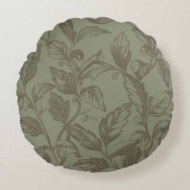 Serene Sage Green | Bold Botanical Statement Leafy Round Pillow (Front)