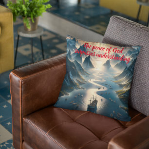 Serene Sail: Boat, Water, Mountains Throw Pillow