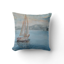 Serene Sailboat Ocean Scene Square Throw Pillow