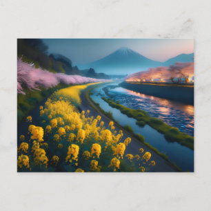Serene Sakura and Blossoms with Majestic Mountain  Postcard
