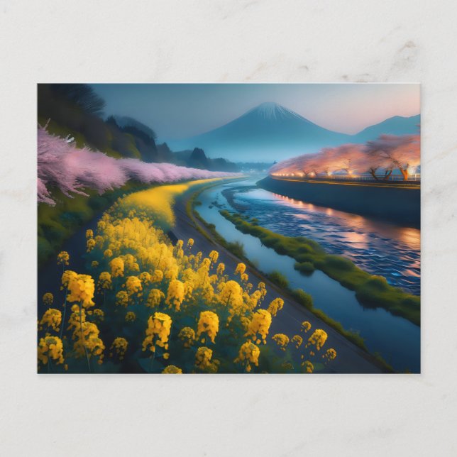 Serene Sakura and Blossoms with Majestic Mountain  Postcard (Front)