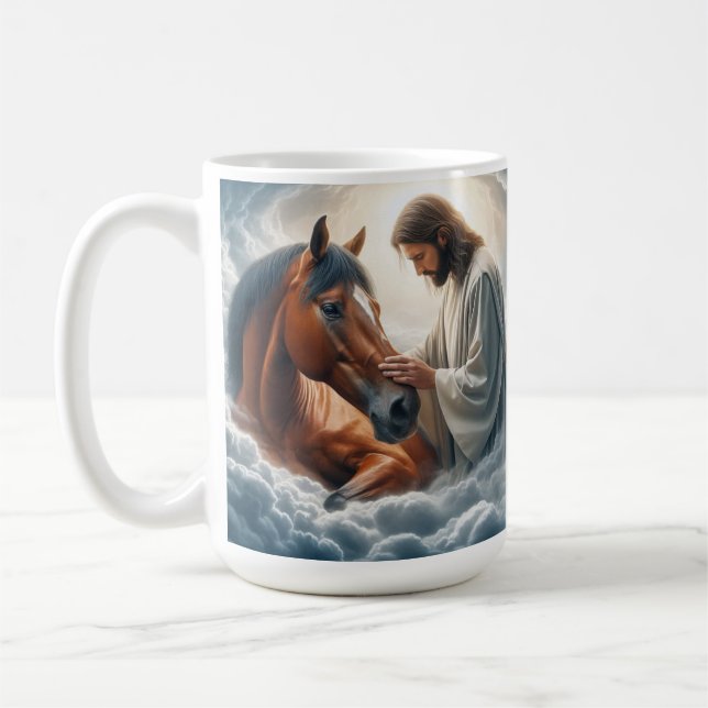 Serene Scene of Compassion with Jesus and Horse  Coffee Mug (Left)
