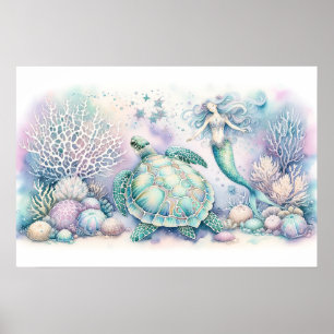 Serene Sea Turtle and Mermaid Print