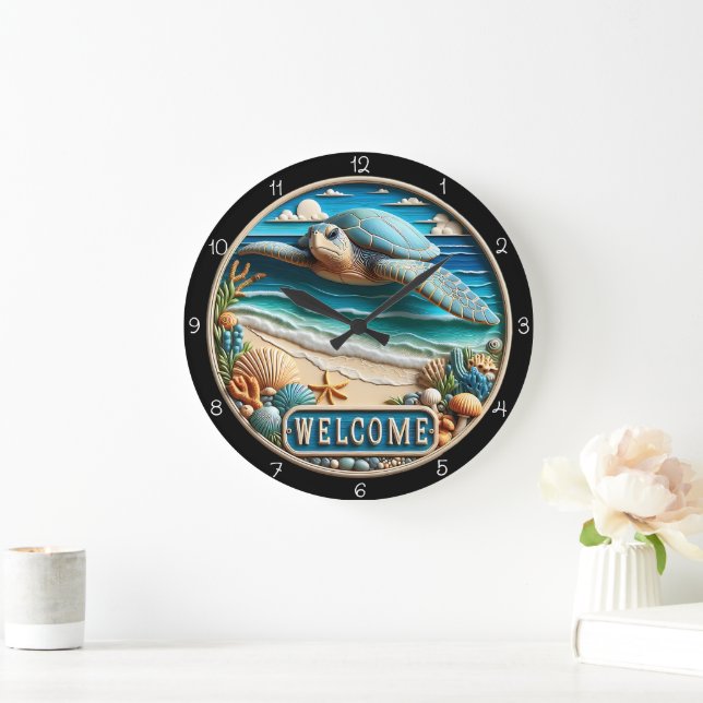 Serene Sea Turtle Beach Welcome Timepiece Large Clock (Home)
