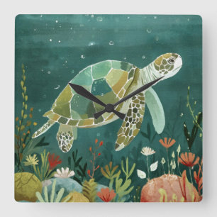 Serene Sea Turtle: Underwater Oasis Square Wall Clock