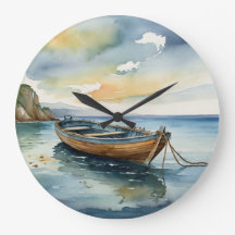 Serene Seascape: Watercolor Boat Clock