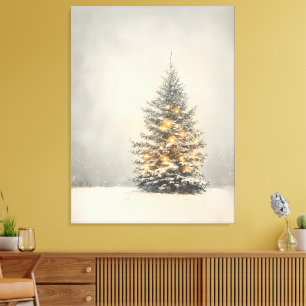 Serene Snowy Christmas Tree with Golden Glow Canvas Print