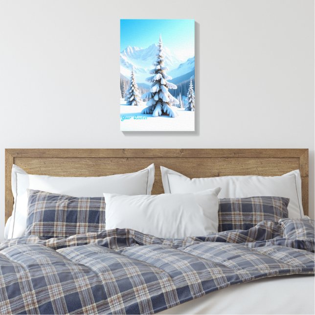 Serene Snowy Mountain Landscape & Winter Pine Tree Canvas Print (Insitu(Bedroom))