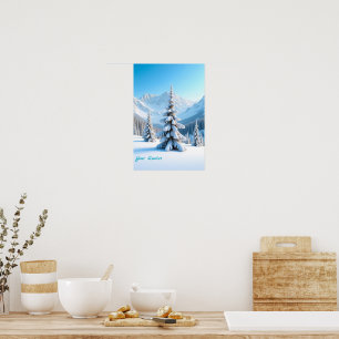Serene Snowy Mountain Landscape & Winter Pine Tree Poster