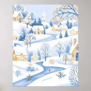 Serene Snowy Village with Flowing Stream Poster