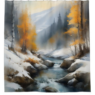 Serene snowy winter river landscape painting 
