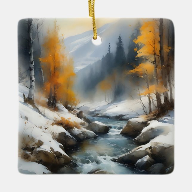 Serene snowy winter river landscape painting ceramic ornament (Front)