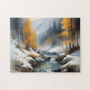 Serene snowy winter river landscape painting jigsaw puzzle