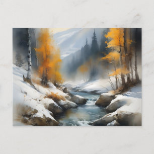 Serene snowy winter river landscape painting postcard