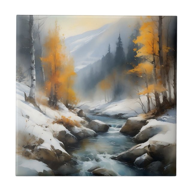 Serene snowy winter river landscape painting tile (Front)