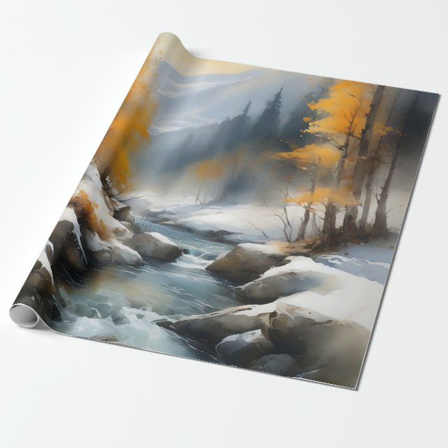 Serene snowy winter river landscape painting  wrapping paper (Unrolled)