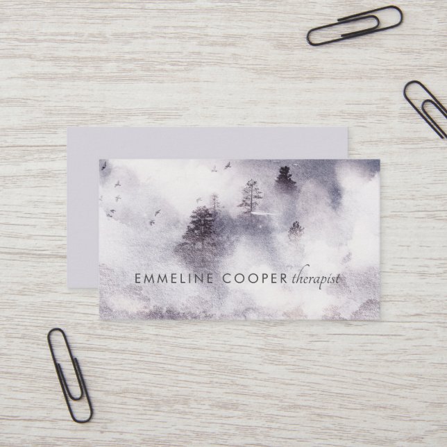 Serene Soft Watercolor Trees Business Card (Front/Back In Situ)