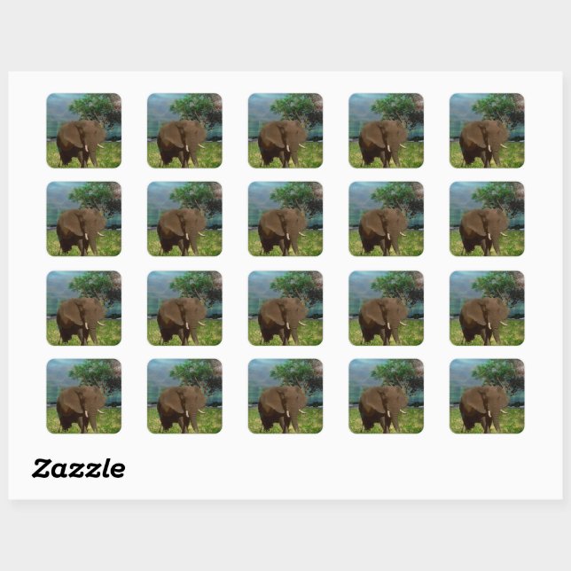 "Serene Strength: The Bull Elephant Grazing"  Square Sticker (Sheet)