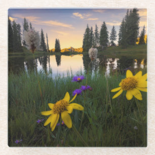 Serene Sunrise over a Colorado Pond Glass Coaster